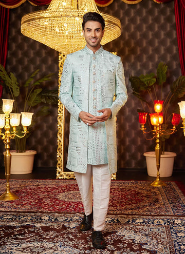 Raivat Ethnic Mens Art Silk Thread Work Indo Western In Pista Green Colour - Dista