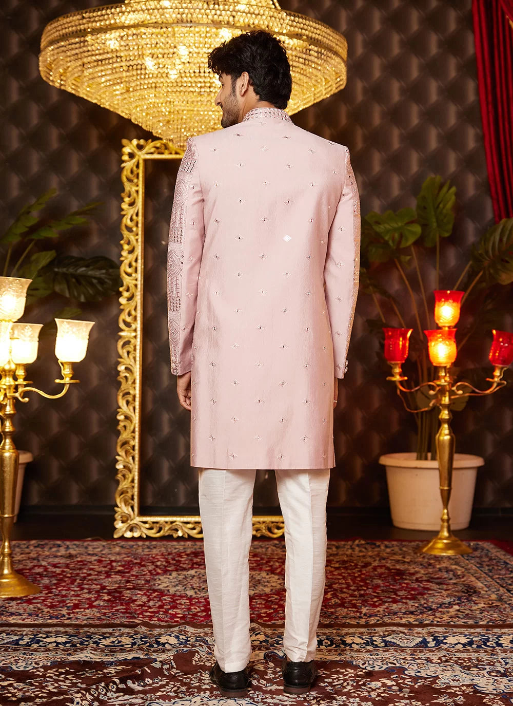 Raivat Ethnic Mens Art Silk Thread Work Indo Western In Onion Pink Colour - Dista