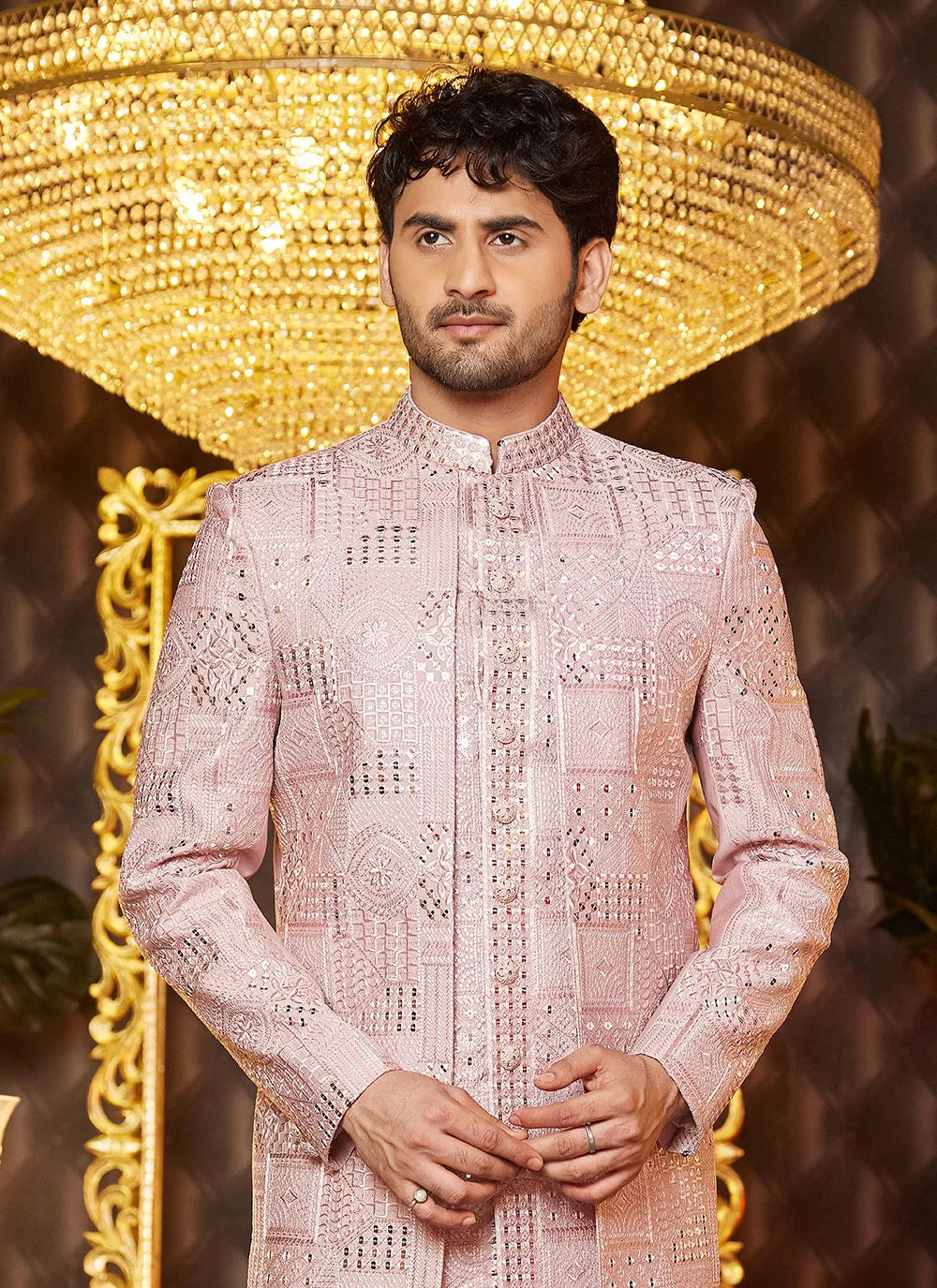 Raivat Ethnic Mens Art Silk Thread Work Indo Western In Onion Pink Colour - Dista
