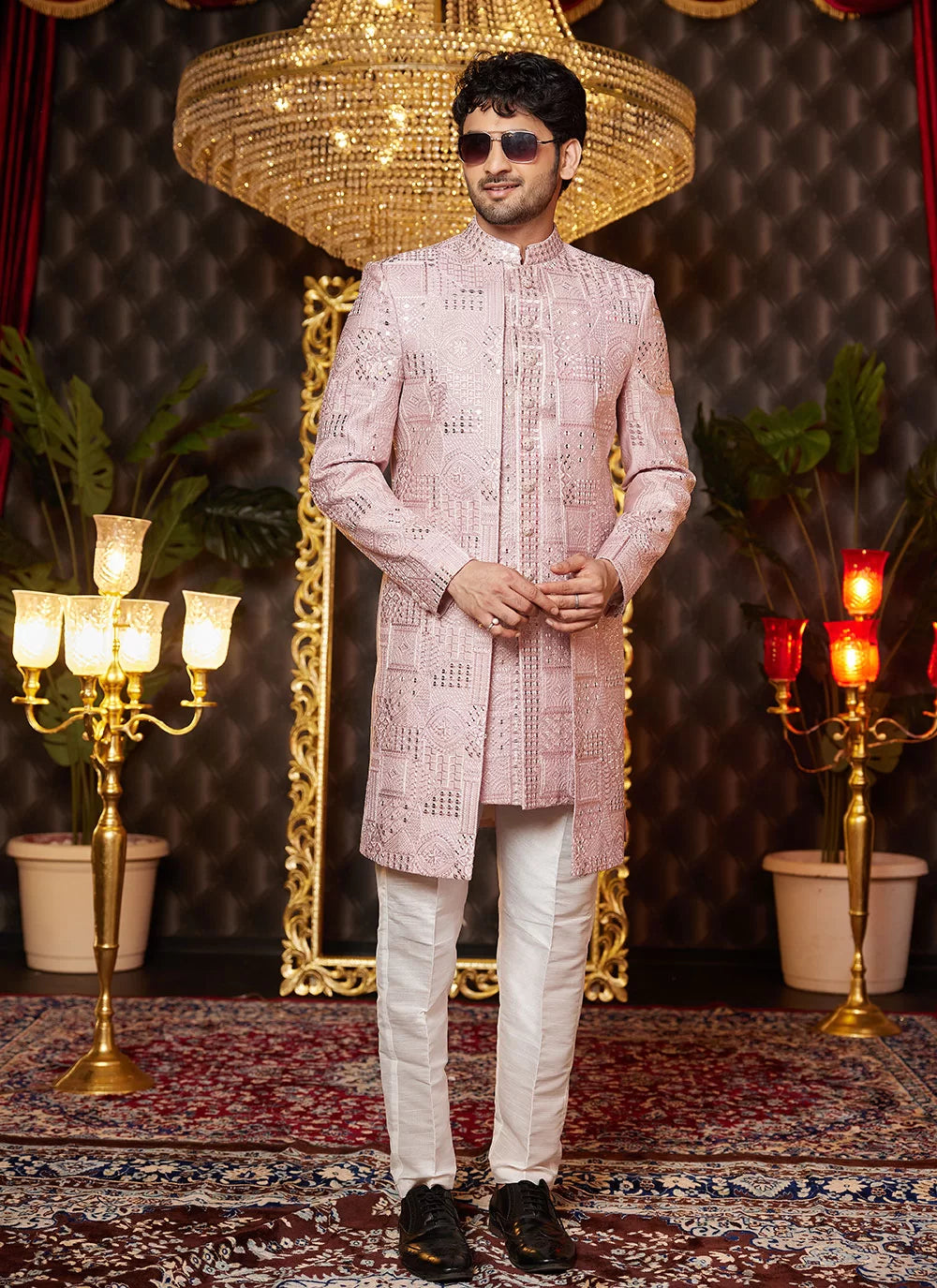 Raivat Ethnic Mens Art Silk Thread Work Indo Western In Onion Pink Colour - Dista