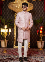 Thumbnail for Raivat Ethnic Mens Art Silk Thread Work Indo Western In Onion Pink Colour - Dista