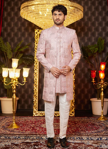 Raivat Ethnic Mens Art Silk Thread Work Indo Western In Onion Pink Colour - Dista