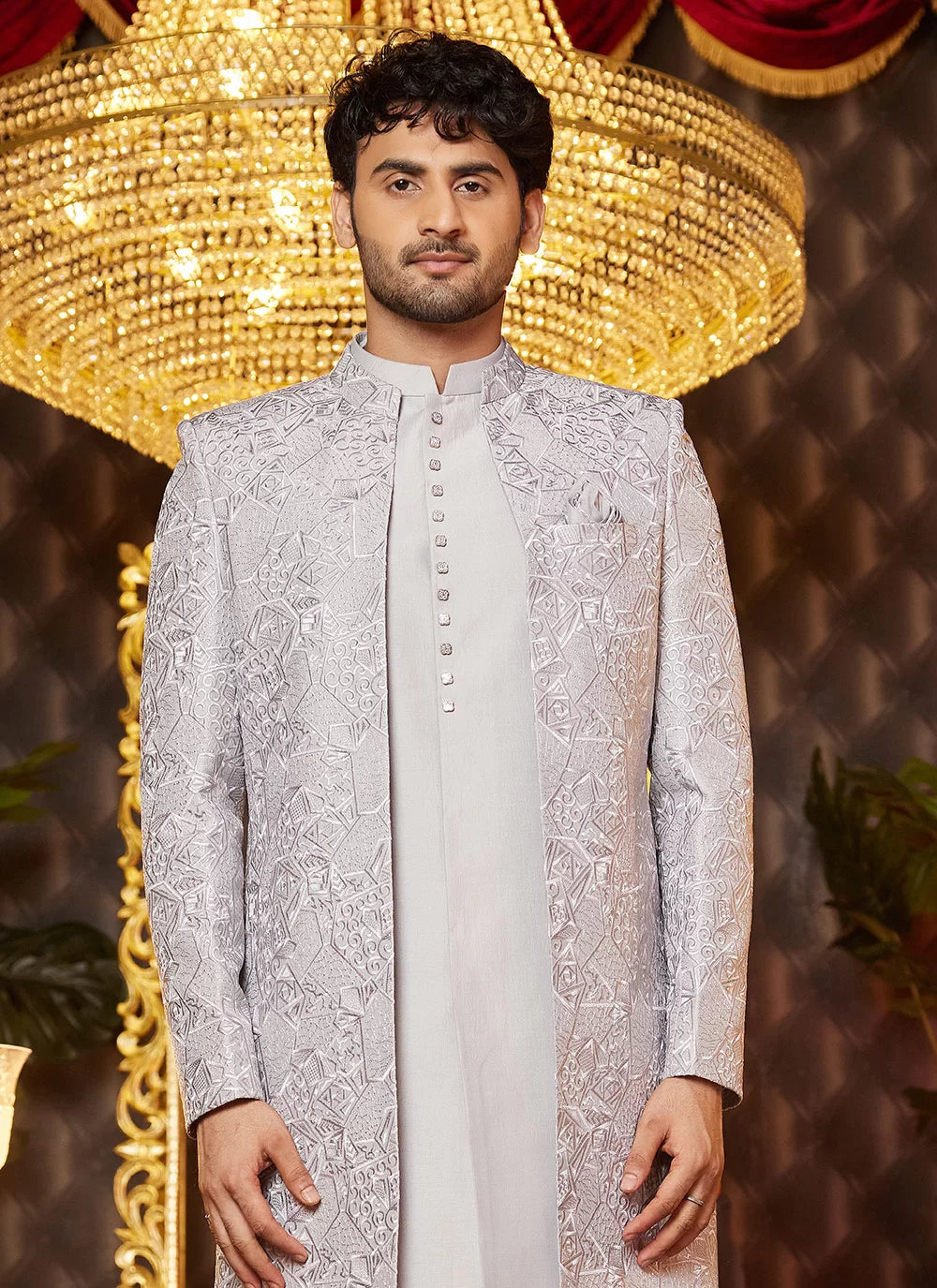 Raivat Ethnic Mens Art Silk Thread Work Indo Western In Grey Colour - Dista