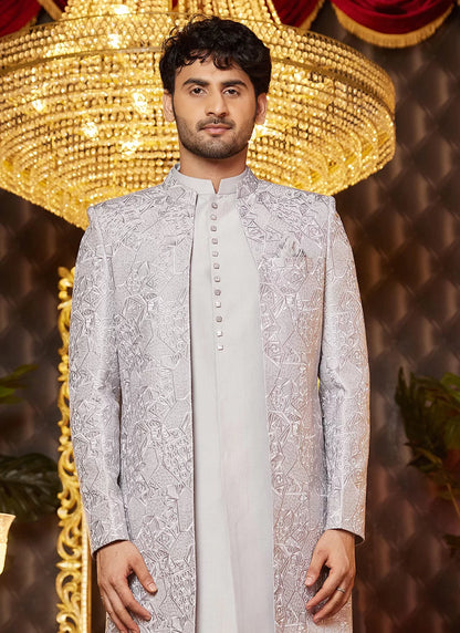 Raivat Ethnic Mens Art Silk Thread Work Indo Western In Grey Colour - Dista