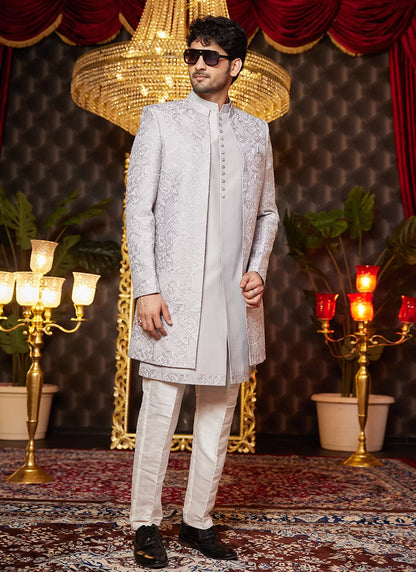 Raivat Ethnic Mens Art Silk Thread Work Indo Western In Grey Colour - Dista