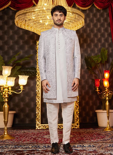 Raivat Ethnic Mens Art Silk Thread Work Indo Western In Grey Colour - Dista