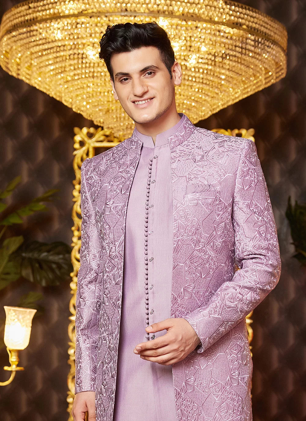 Raivat Ethnic Mens Art Silk Thread Work Indo Western In Light Purple Colour - Dista