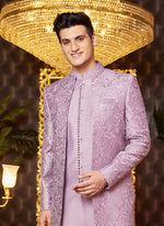 Thumbnail for Raivat Ethnic Mens Art Silk Thread Work Indo Western In Light Purple Colour - Dista