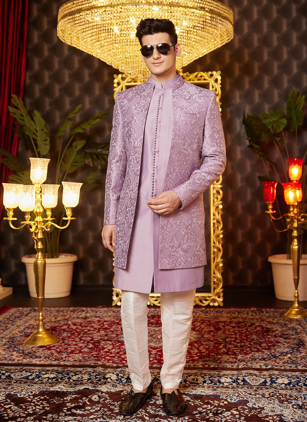 Raivat Ethnic Mens Art Silk Thread Work Indo Western In Light Purple Colour - Dista