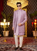 Thumbnail for Raivat Ethnic Mens Art Silk Thread Work Indo Western In Light Purple Colour - Dista