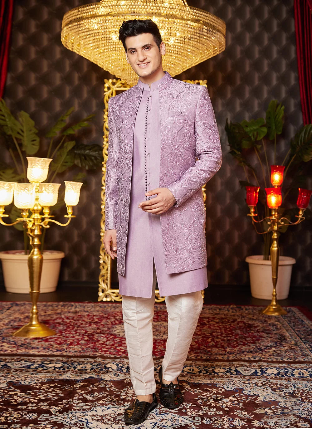 Raivat Ethnic Mens Art Silk Thread Work Indo Western In Light Purple Colour - Dista