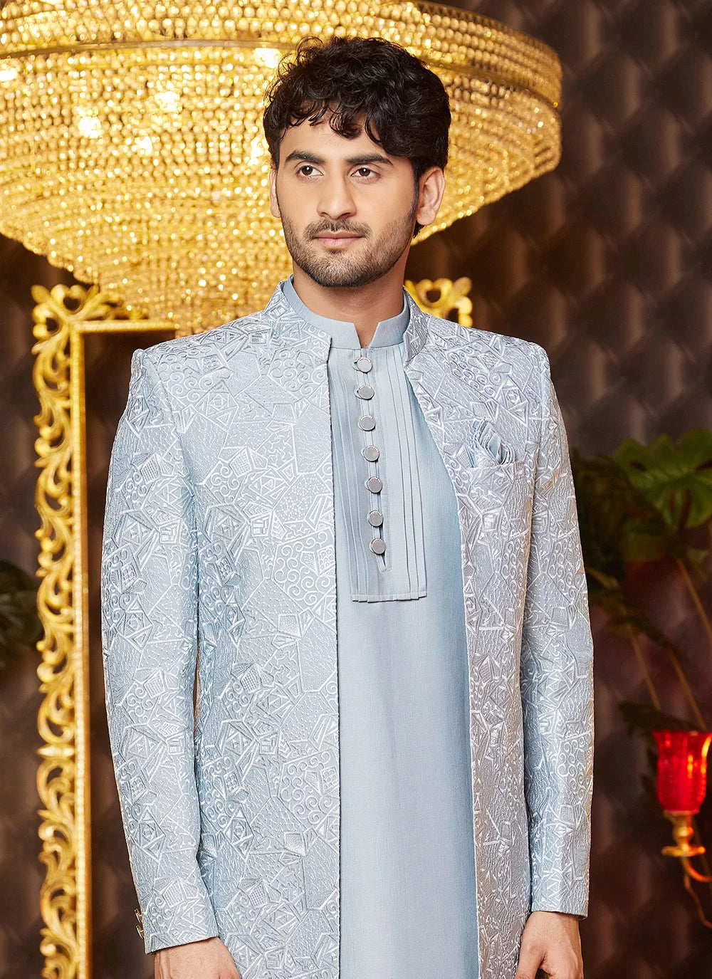 Raivat Ethnic Mens Art Silk Thread Work Indo Western In Grey Blue Colour - Dista