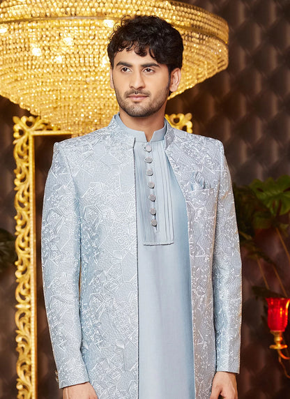 Raivat Ethnic Mens Art Silk Thread Work Indo Western In Grey Blue Colour - Dista