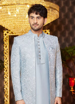 Thumbnail for Raivat Ethnic Mens Art Silk Thread Work Indo Western In Grey Blue Colour - Dista