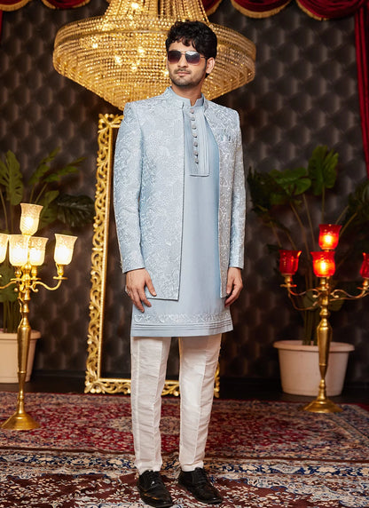 Raivat Ethnic Mens Art Silk Thread Work Indo Western In Grey Blue Colour - Dista