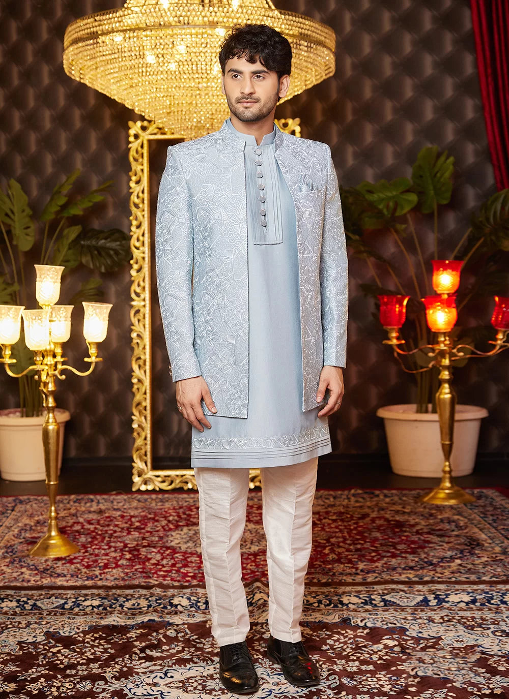Raivat Ethnic Mens Art Silk Thread Work Indo Western In Grey Blue Colour - Dista