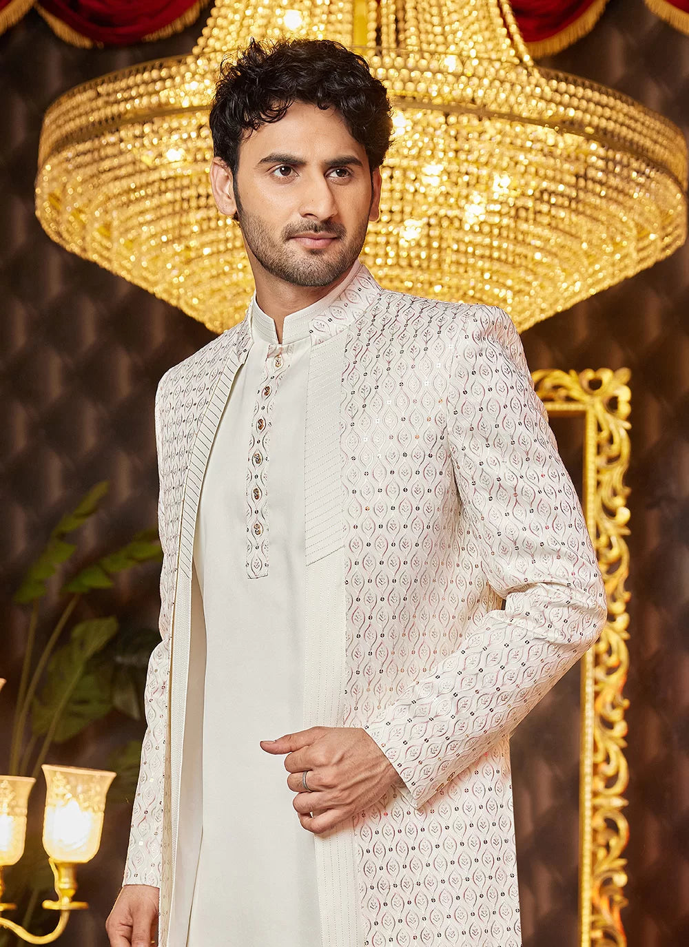 Raivat Ethnic Mens Art Silk Thread Work Indo Western In Cream Colour - Dista