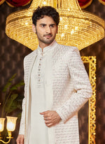 Thumbnail for Raivat Ethnic Mens Art Silk Thread Work Indo Western In Cream Colour - Dista