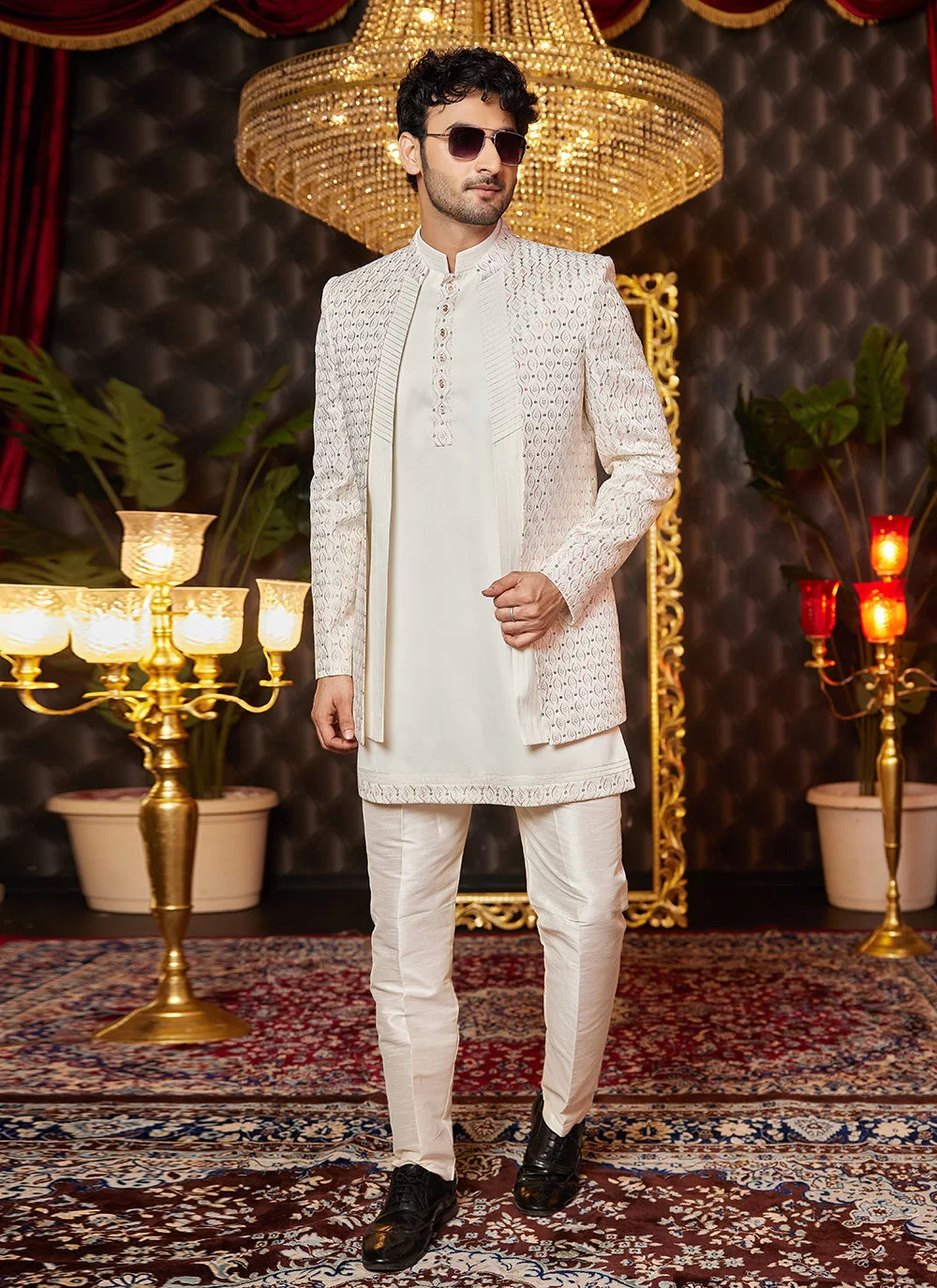 Raivat Ethnic Mens Art Silk Thread Work Indo Western In Cream Colour - Dista