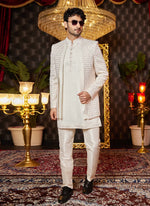 Thumbnail for Raivat Ethnic Mens Art Silk Thread Work Indo Western In Cream Colour - Dista