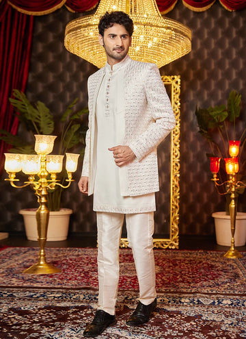 Raivat Ethnic Mens Art Silk Thread Work Indo Western In Cream Colour - Dista