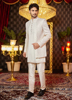 Thumbnail for Raivat Ethnic Mens Art Silk Thread Work Indo Western In Cream Colour - Dista