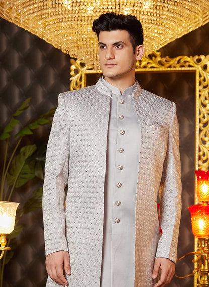 Raivat Ethnic Mens Art Silk Thread Work Indo Western In Grey Colour - Dista