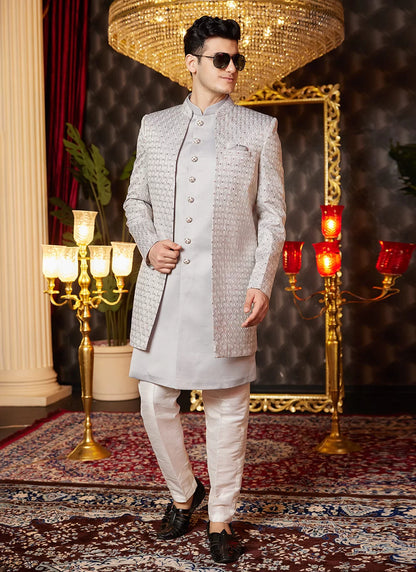 Raivat Ethnic Mens Art Silk Thread Work Indo Western In Grey Colour - Dista