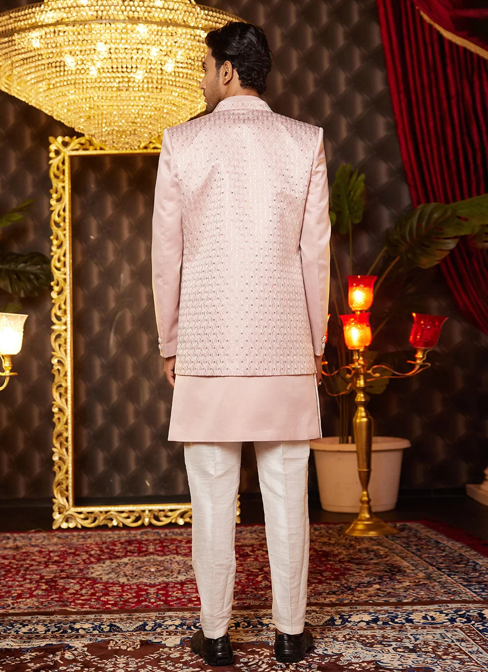 Raivat Ethnic Mens Art Silk Thread Work Indo Western In Onion Pink Colour - Dista