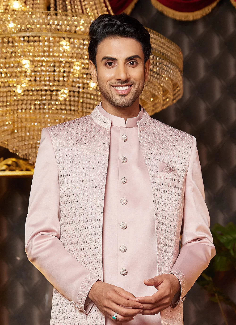 Raivat Ethnic Mens Art Silk Thread Work Indo Western In Onion Pink Colour - Dista