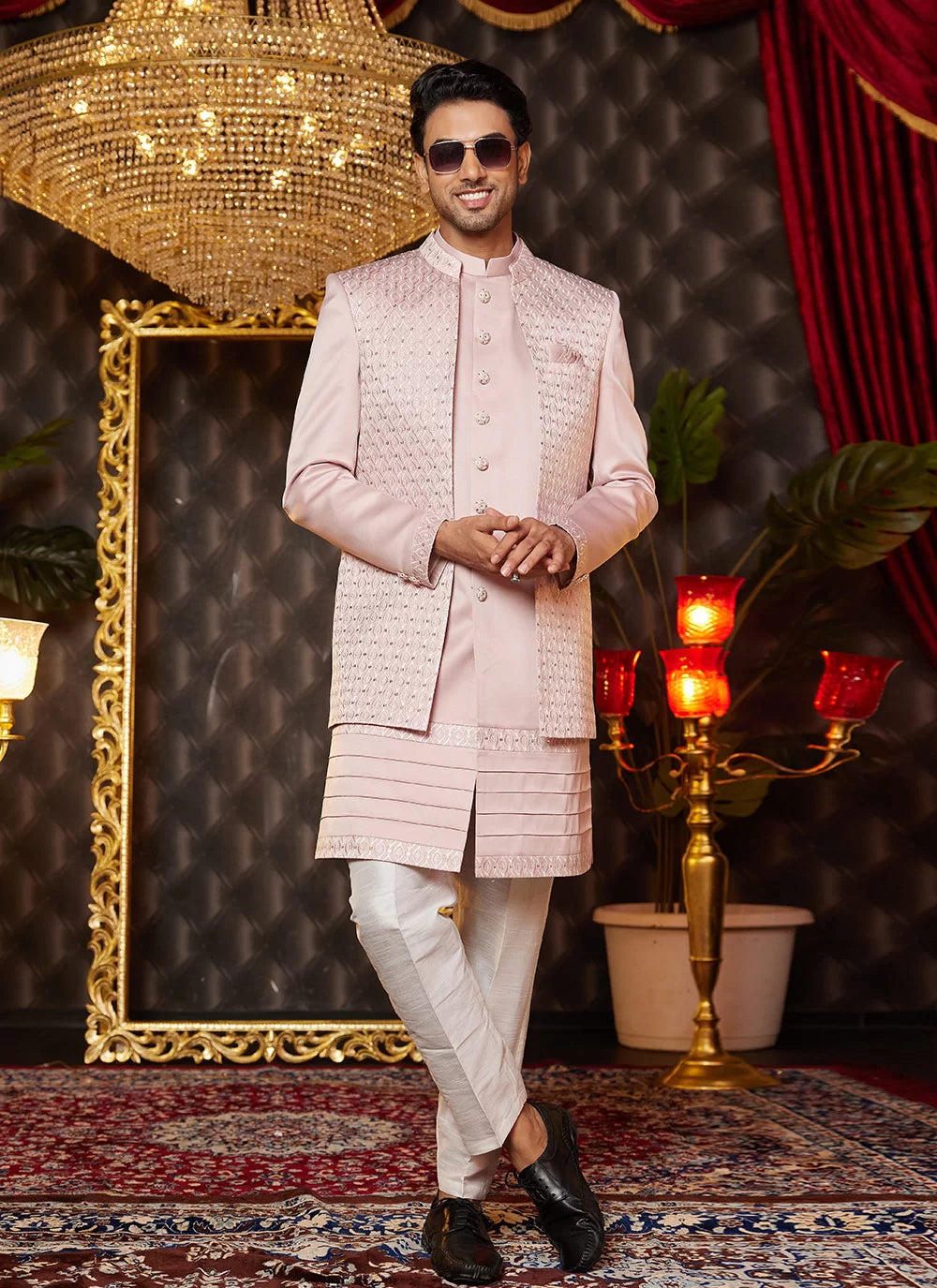 Raivat Ethnic Mens Art Silk Thread Work Indo Western In Onion Pink Colour - Dista