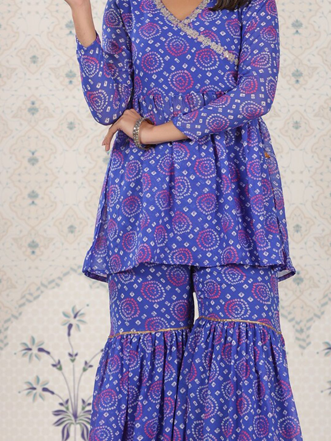 Ode by House of Pataudi Bandhani Printed Angrakha Gotta Patti Kurti with Sharara - Distacart