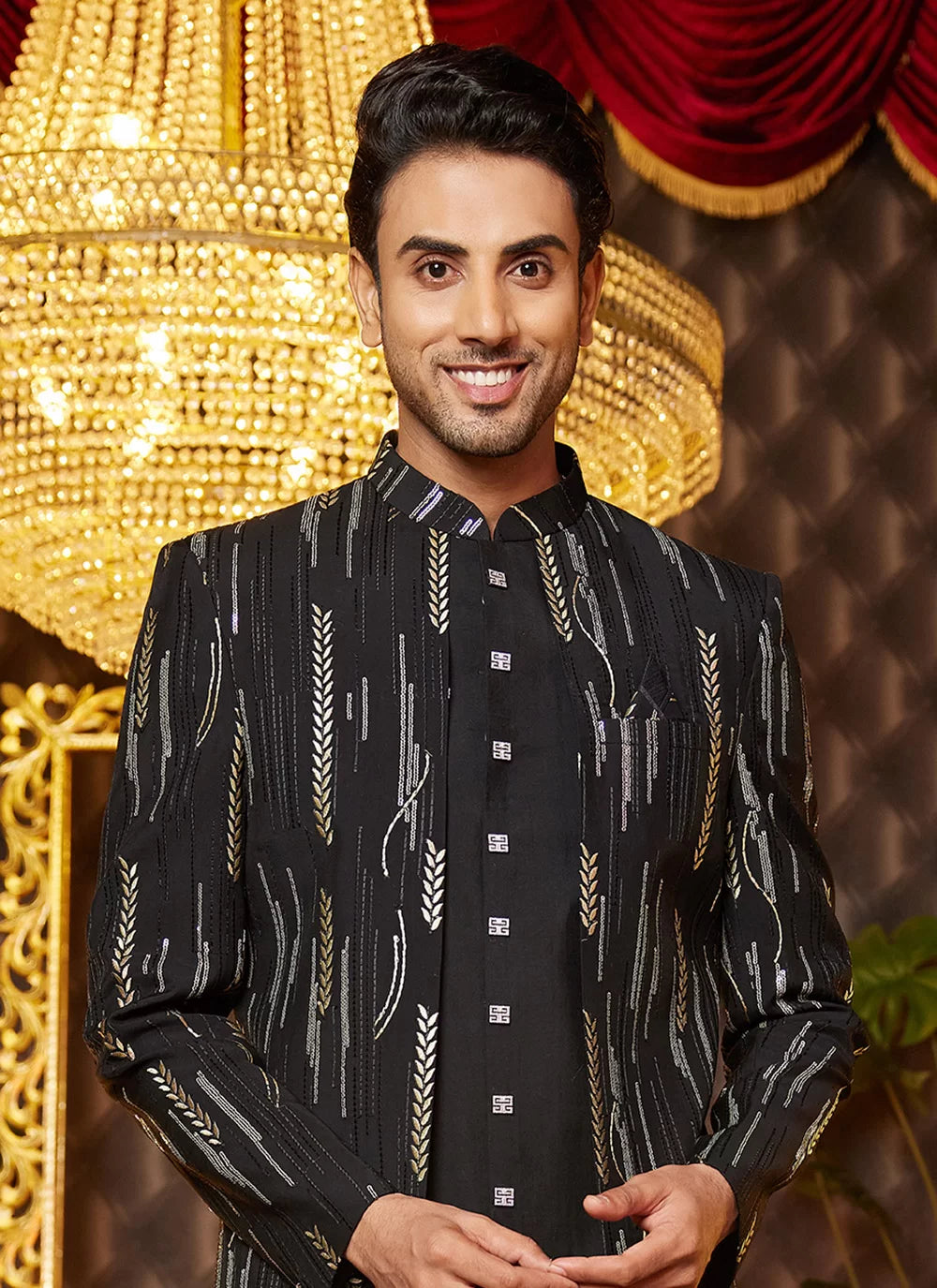 Raivat Ethnic Mens Art Silk Thread Work Indo Western In Black Colour - Dista