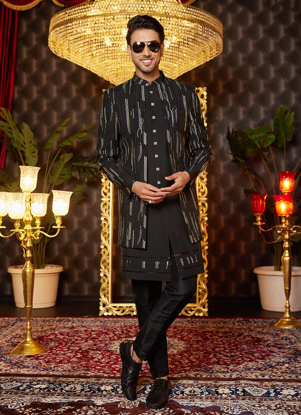 Raivat Ethnic Mens Art Silk Thread Work Indo Western In Black Colour - Dista