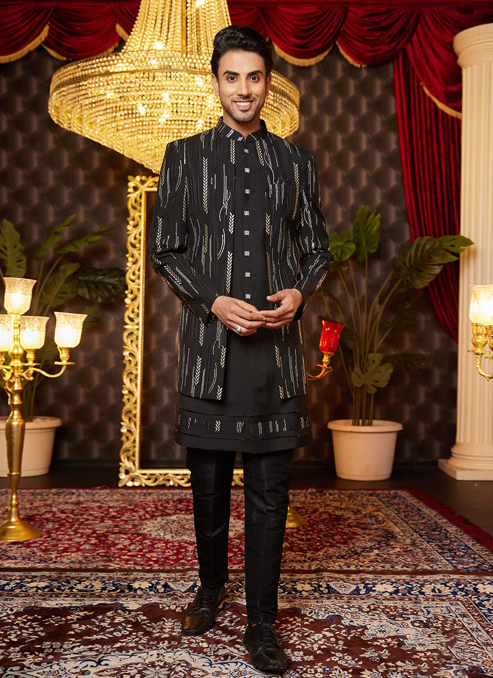 Raivat Ethnic Mens Art Silk Thread Work Indo Western In Black Colour - Dista