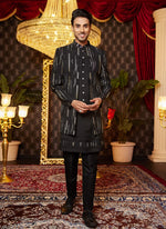 Thumbnail for Raivat Ethnic Mens Art Silk Thread Work Indo Western In Black Colour - Dista