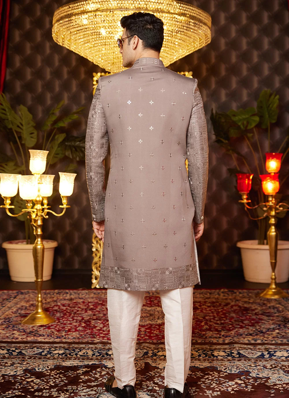 Raivat Ethnic Mens Art Silk Thread Work Indo Western In Brown Colour - Dista