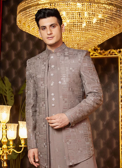 Raivat Ethnic Mens Art Silk Thread Work Indo Western In Brown Colour - Dista