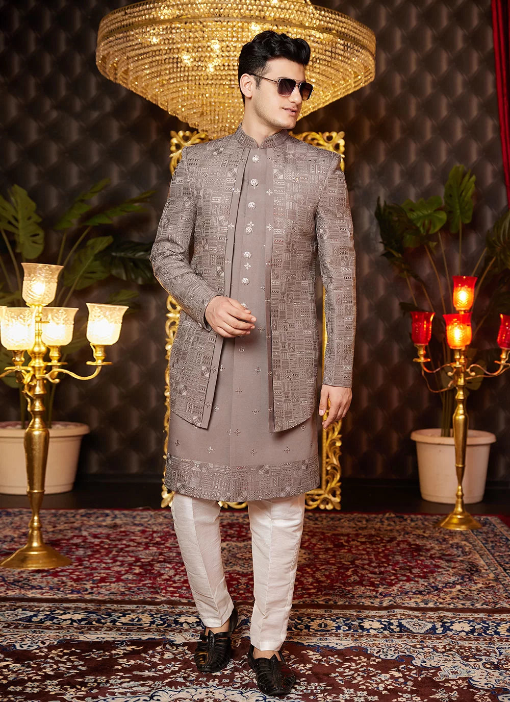 Raivat Ethnic Mens Art Silk Thread Work Indo Western In Brown Colour - Dista