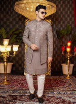 Thumbnail for Raivat Ethnic Mens Art Silk Thread Work Indo Western In Brown Colour - Dista