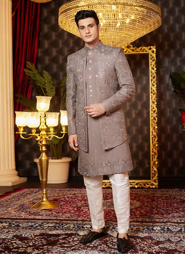 Raivat Ethnic Mens Art Silk Thread Work Indo Western In Brown Colour - Dista