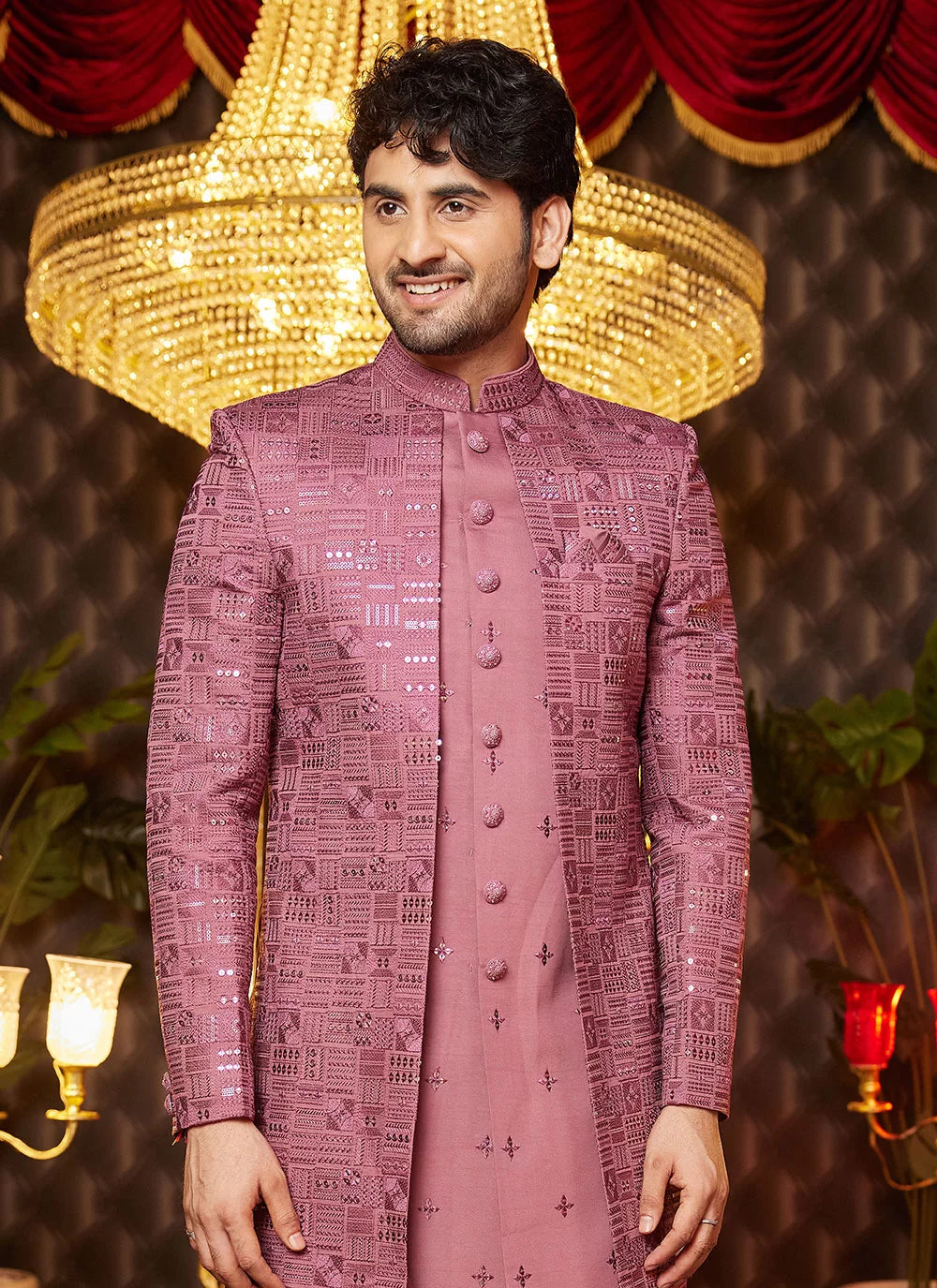 Raivat Ethnic Mens Art Silk Thread Work Indo Western In Onion Pink Colour - Dista