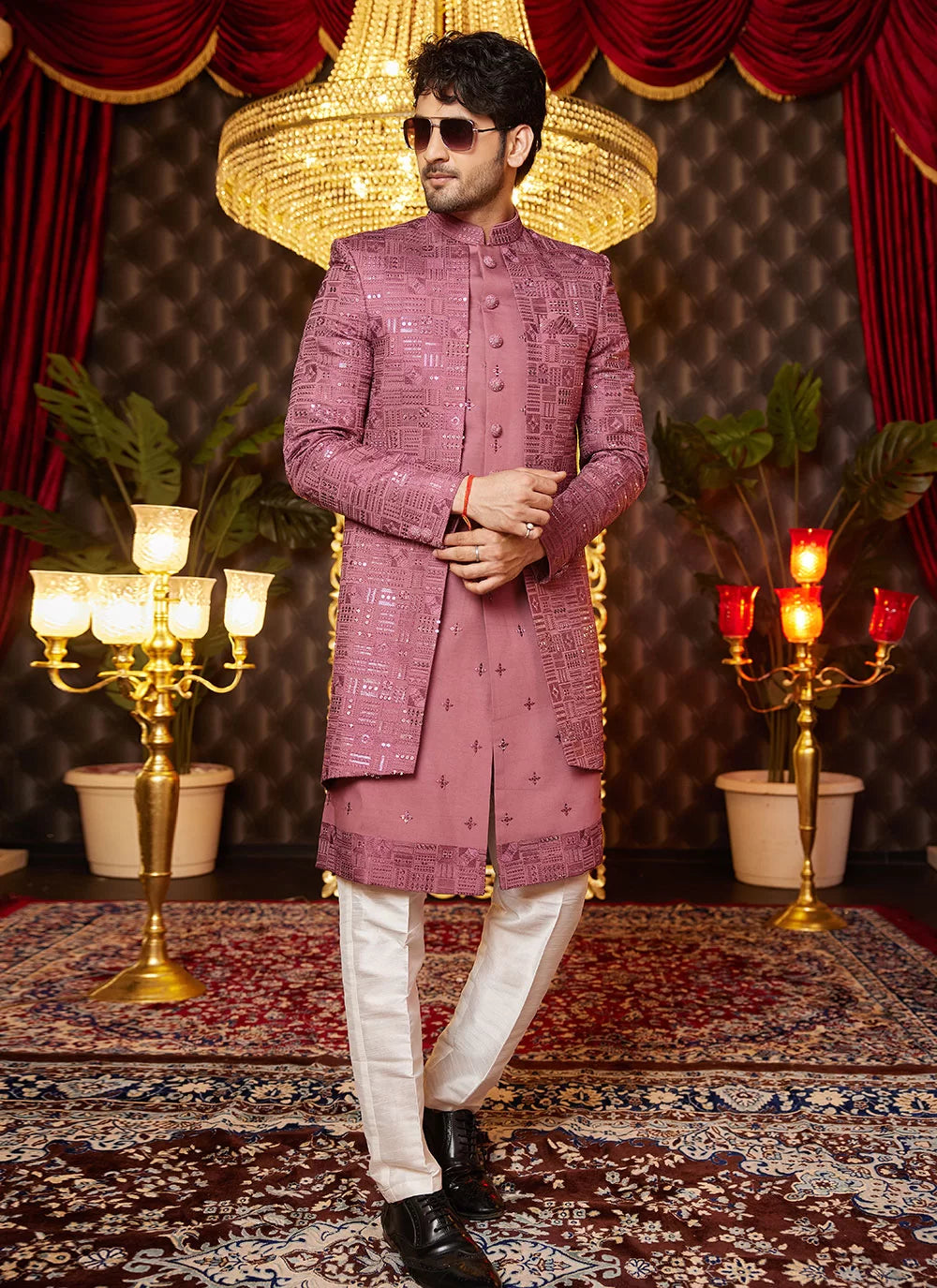 Raivat Ethnic Mens Art Silk Thread Work Indo Western In Onion Pink Colour - Dista