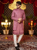 Thumbnail for Raivat Ethnic Mens Art Silk Thread Work Indo Western In Onion Pink Colour - Dista