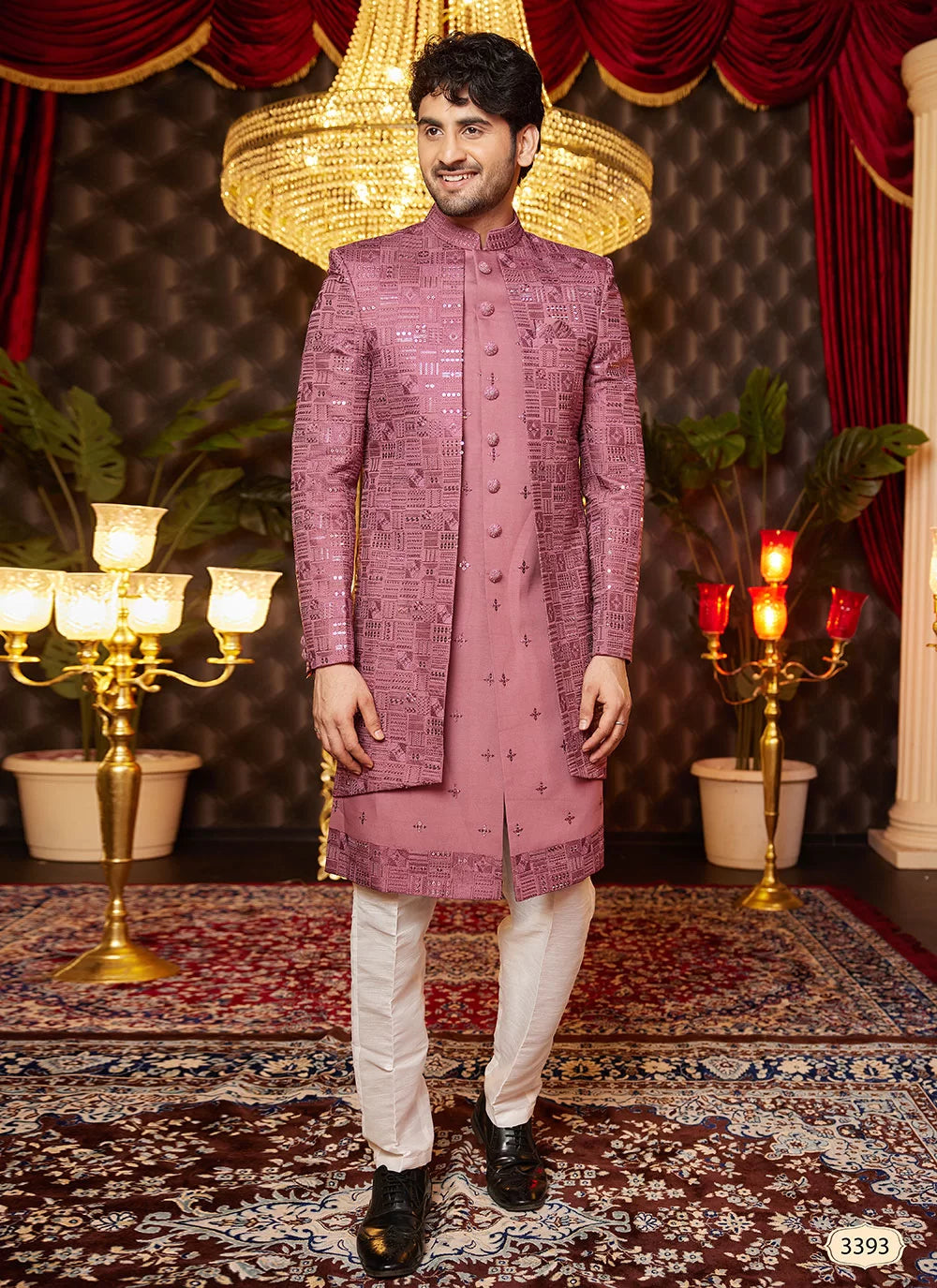 Raivat Ethnic Mens Art Silk Thread Work Indo Western In Onion Pink Colour - Dista