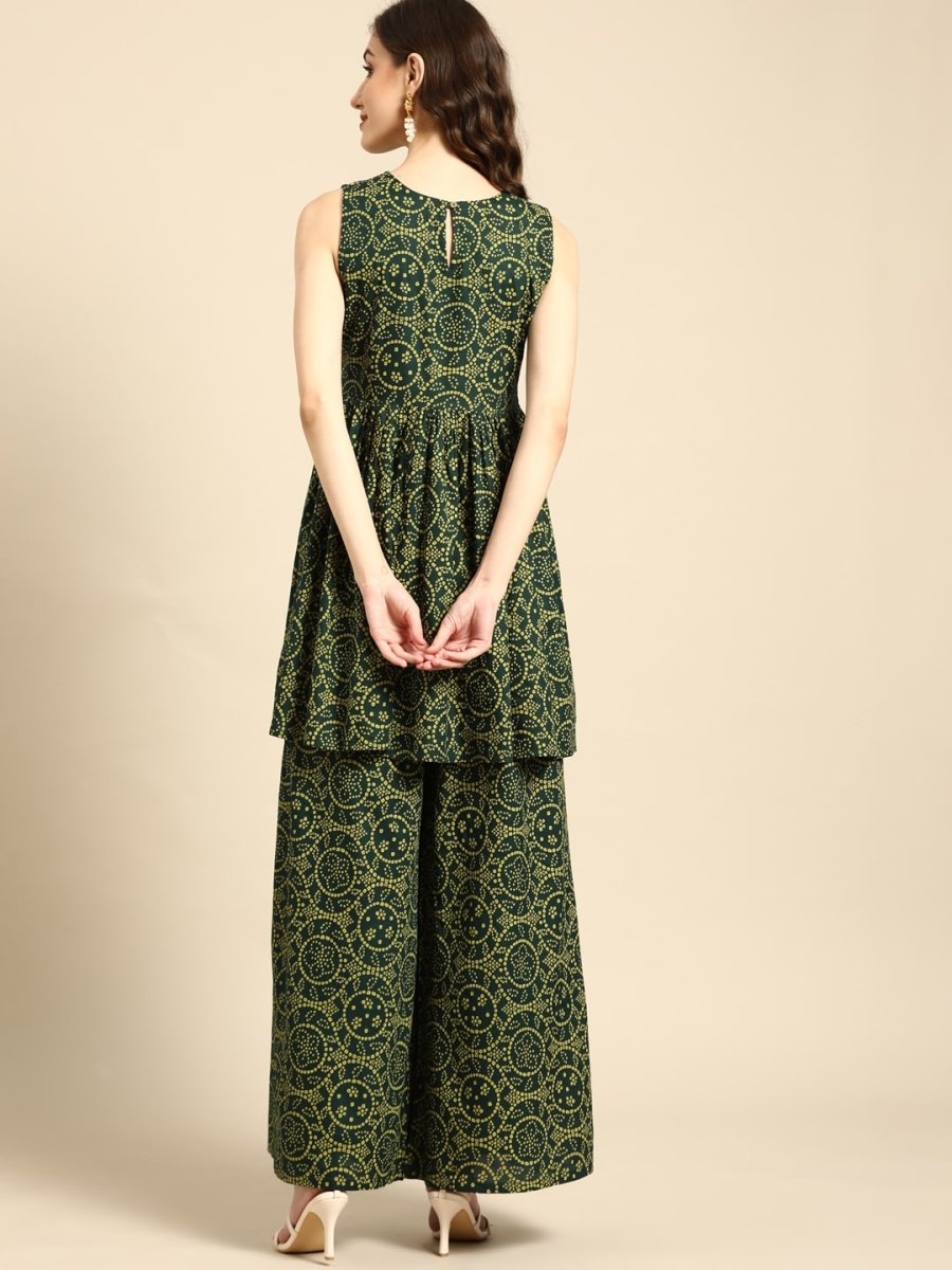 All About You Women Green Bandhani Printed Gathered Sequinned Kurti with Palazzos - Distacart