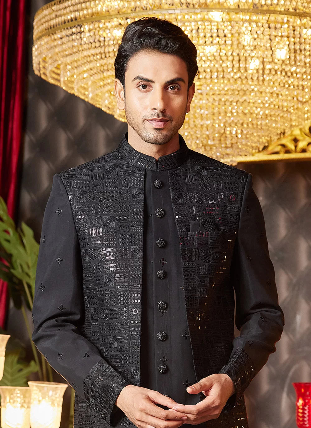 Raivat Ethnic Mens Art Silk Thread Work Indo Western In Black Colour - Dista