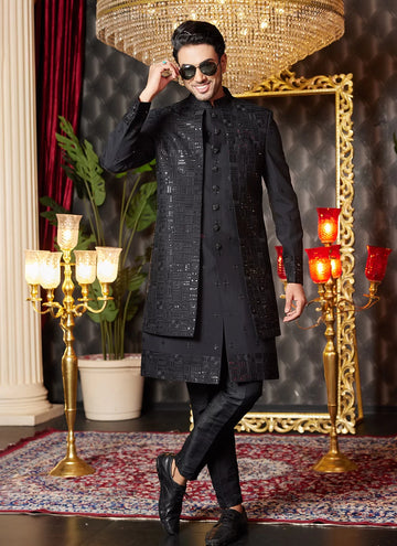 Raivat Ethnic Mens Art Silk Thread Work Indo Western In Black Colour - Dista