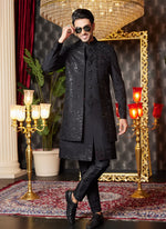 Thumbnail for Raivat Ethnic Mens Art Silk Thread Work Indo Western In Black Colour - Dista