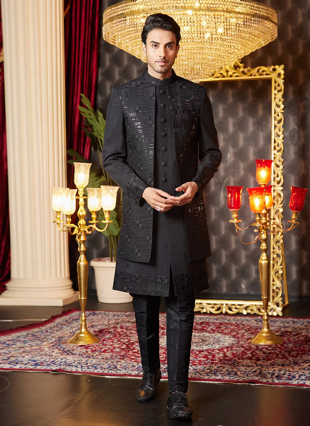 Raivat Ethnic Mens Art Silk Thread Work Indo Western In Black Colour - Dista